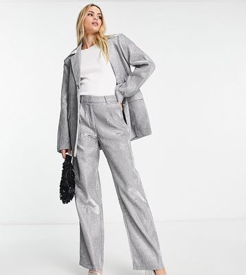 Pieces Tall exclusive tailored straight leg pants in silver glitter - part of a set