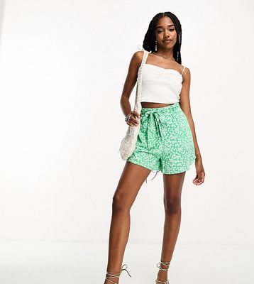 Pieces Tall exclusive tie waist flowy shorts in green ditsy