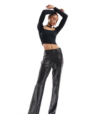 Pieces Tall high waisted sequin pants in black