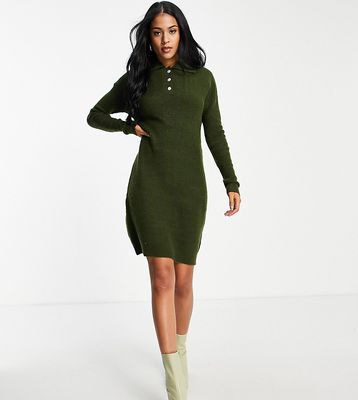 Pieces Tall knitted polo sweater mini dress in khaki-Green