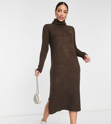 Pieces Tall roll neck knitted midi sweater dress in brown