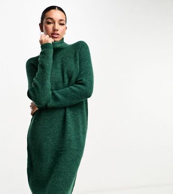 Pieces Tall roll neck mini sweater dress in dark green