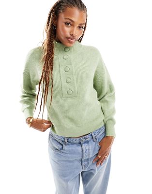 Pieces textured high neck button detail sweater in sage-Green