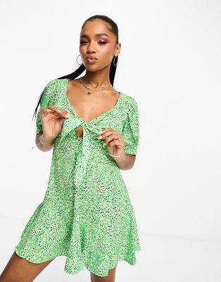 Pieces tie front mini dress in green floral