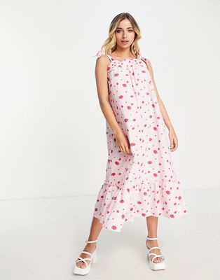 Pieces tie shoulder midi smock dress in pink strawberry print-Multi