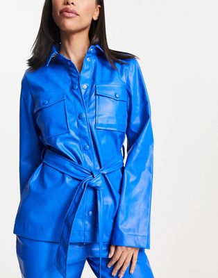 Pieces tie waist faux leather shirt in royal blue - part of a set