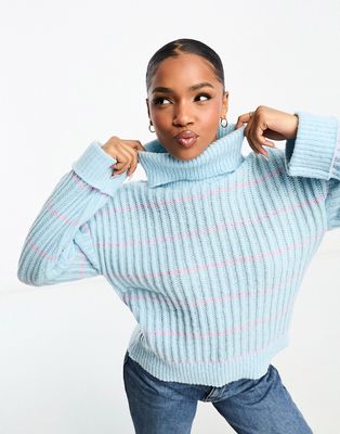 Pieces turtleneck sweater in baby blue with lilac stripe