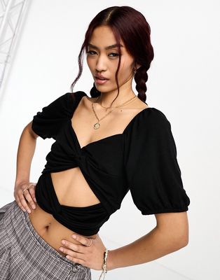 Pieces twist front cut out top in black