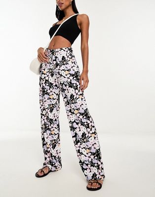 Pieces wide leg pants in black ditsy floral
