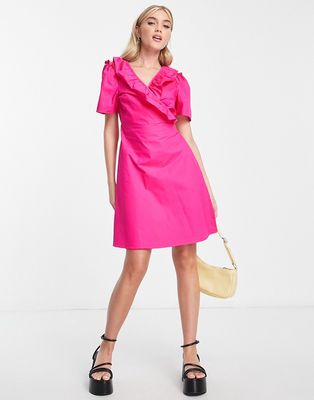 Pieces wrap frill mini dress in hot pink