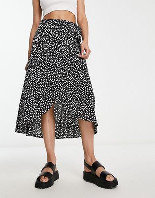 Pieces wrap midi skirt in black & white spot-Multi