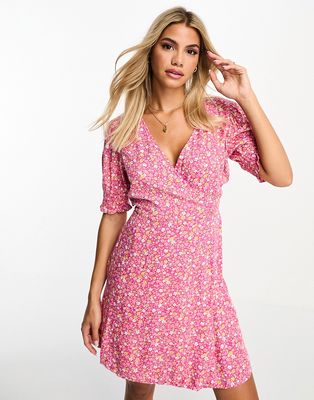 Pieces wrap mini dress in pink ditsy floral