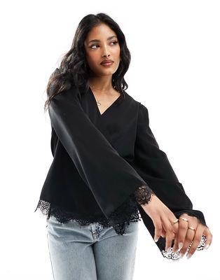 Pieces wrap top with lace detail in black