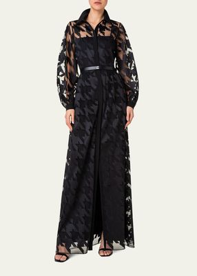 Pied de Poule Embroidered Button-Front Gown