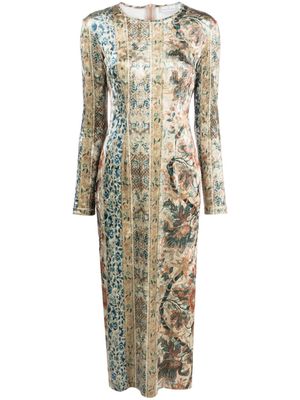 Pierre-Louis Mascia mix-print long-sleeved fitted dress - Neutrals