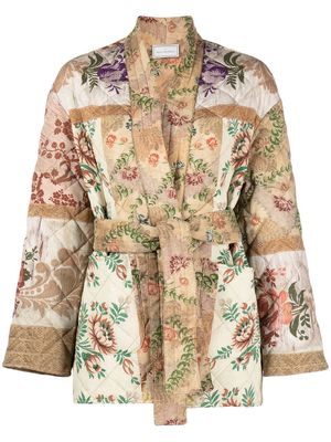 Pierre-Louis Mascia patchwork silk-blend belted jacket - Neutrals