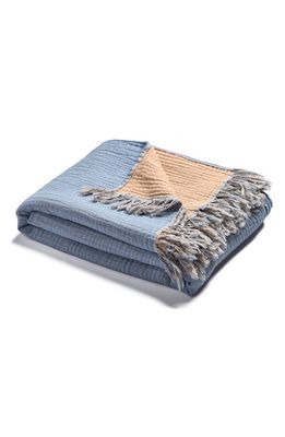 PIGLET IN BED Textured Cotton Throw Blanket in Warm Blue And Cafe Au Lait