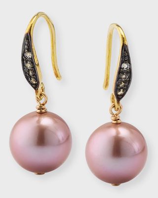 Pink Edison Freshwater Pearl Drop Earrings with White Sapphires, Gold