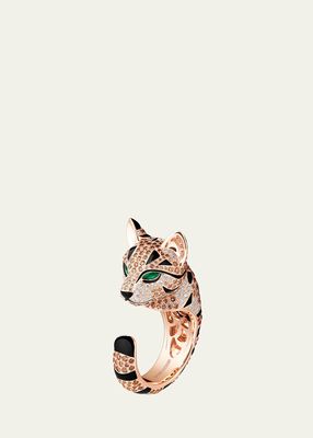 Pink Gold Fuzzy the Leopard Cat Ring with Diamonds and Emeralds