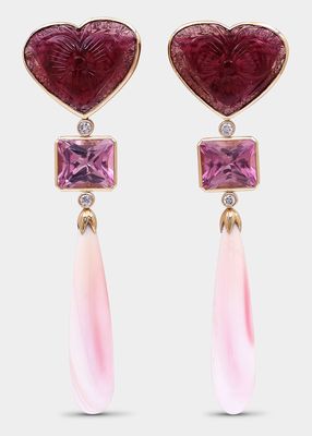 Pink Tourmaline, Conch Shell and Diamond Earrings in 18K Gold
