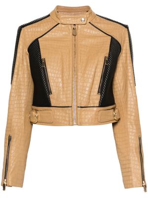 PINKO colour-block panelled leather jacket - Brown