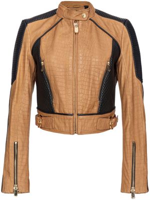 PINKO croc-effect cropped leather jacket - Brown