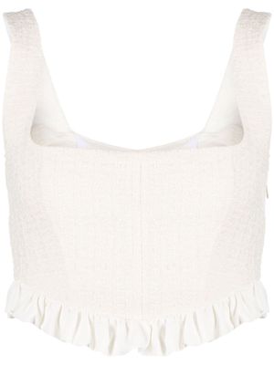 PINKO cropped ruffled sleeveless tweed top - White