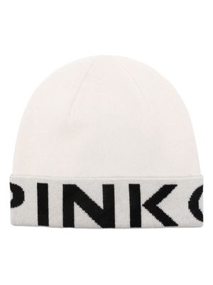 PINKO intarsia knit-logo two-tone beanie - White