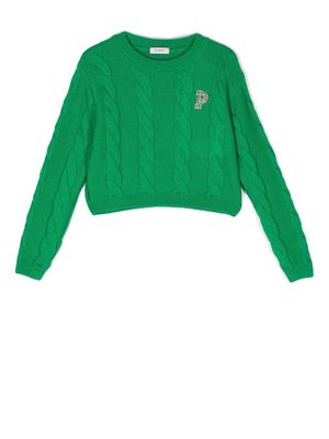 Pinko Kids logo-embellished cable-knit jumper - Green