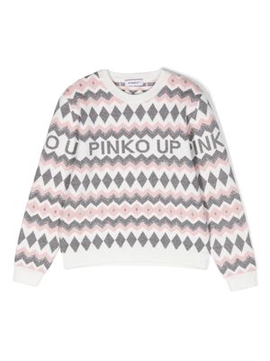 Pinko Kids logo-intarsia patterned jumper - White