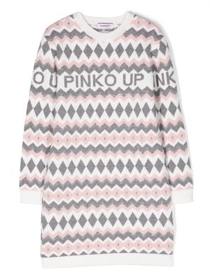 Pinko Kids logo-intarsia patterned knitted dress - White