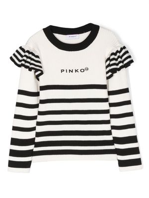 Pinko Kids logo-intarsia striped jumper - White