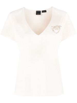 PINKO rhinestone-logo V-neck T-shirt - Neutrals