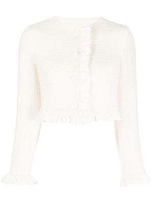 PINKO ruffle-detail cropped tweed jacket - White