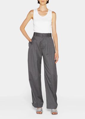Pinstripe Belted-Cuff Wool Trousers