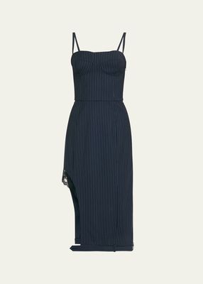 Pinstripe Midi Wool Dress with Slit