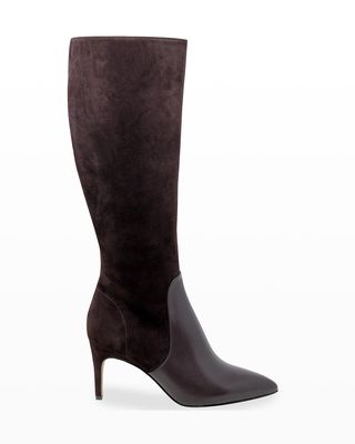 Pinstripe Stretch Suede-Leather Boots