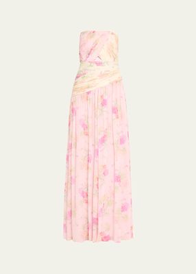 Pintil Strapless Pleated Floral Maxi Dress
