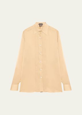 Pintuck Bib Button-Down Silk Blouse