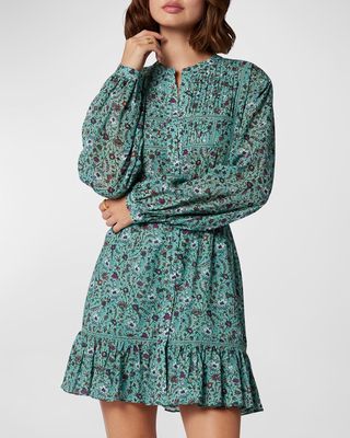 Pintuck Floral-Print Button-Down Mini Dress