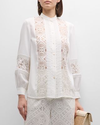 Pintuck Lace-Inset Crepe De Chine Blouse