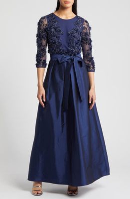 Pisarro Nights 3D Floral Beaded Taffeta Dress in Navy