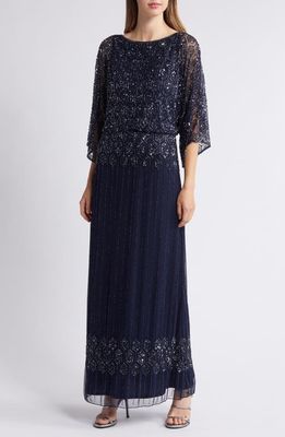 Pisarro Nights Beaded Blouson Split Sleeve Gown in Navy 