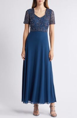 Pisarro Nights Beaded Bodice A-Line Gown in New Petrol Blue 