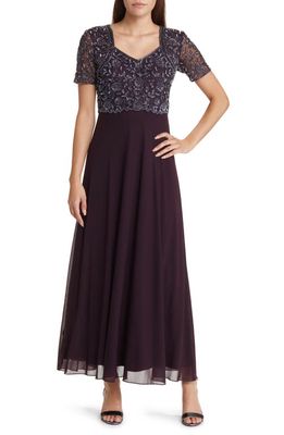 Pisarro Nights Beaded Bodice A-Line Gown in Wine 