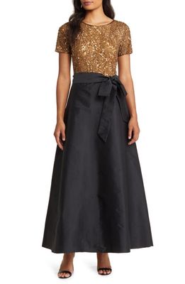 Pisarro Nights Beaded Bodice Mixed Media Gown in Gold