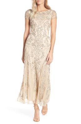 Pisarro Nights Beaded Mesh Column Gown in Champagne/Silver