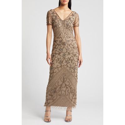 Pisarro Nights Beaded Mesh Column Gown in Oyster 