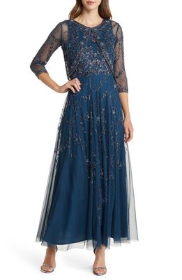 Pisarro Nights Beaded Mesh Gown with Jacket in Sapphire