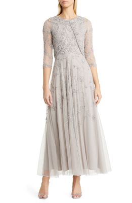 Pisarro Nights Beaded Mesh Gown with Jacket in Silver